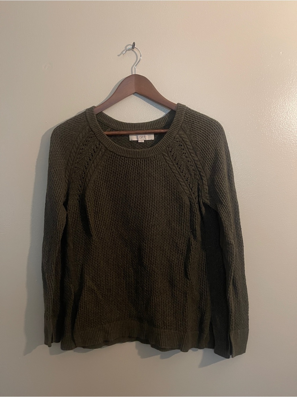 LOFT Olive Cable-Knit Scoop Neck Sweater, size S
